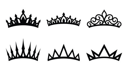 Collection of black crown silhouettes against a white background depicts regal headwear crowns tiaras regalia © rafsan333