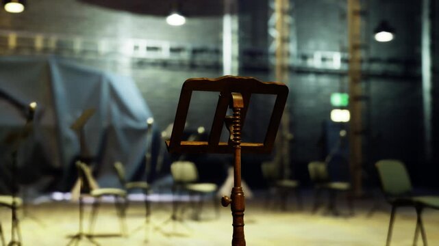 Stage remains silent as technicians set up sound and instruments. Scene stays silent while technician readies sound equipment and musical tools