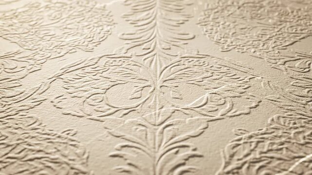 Textured wallpaper detail with light revealing embossed floral pattern during gentle unfolding