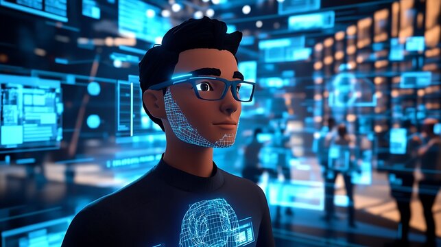 Innovative digital avatar of a young technologist using wearable smart glasses in a complex data visualization and network server room setting