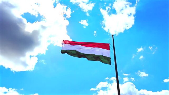 Hungarian Flag Waving Gracefully Against a Bright Blue Sky
