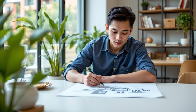 A young man is seated at a white table, working on a large sheet of paper with a pen in hand