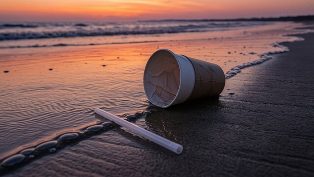 Environment - Littered disposable cup and straw on sandy beach at sunset