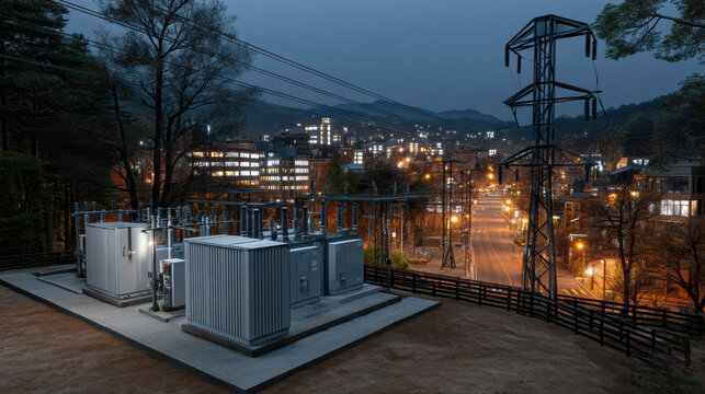 Aerial view of electrical substation at dusk, city lights, power lines, urban landscape, calm evening atmosphere
