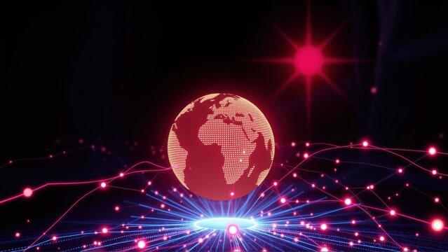 Red globe glows amidst network lines. Bright star shines above digital connections. Futuristic concept, dark background.