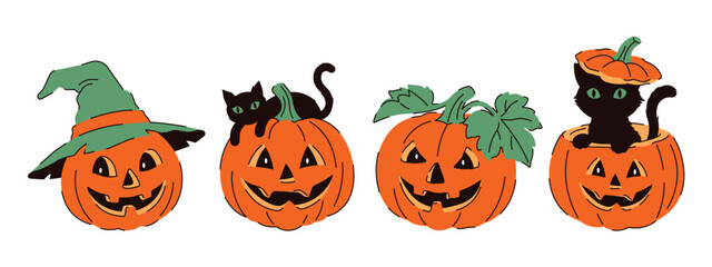 Fototapeta premium Retro vintage Halloween elements of carved smiling pumpkins with witch hat and black cat
