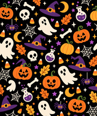 Fototapeta premium Cute Halloween Ghost Pumpkin and Witch Hat Seamless Pattern on Black Background