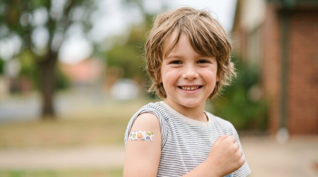 A smiling young boy proudly displays a colorful bandage on his upper arm after receiving a preventive medical vaccine child care treatment outdoors near a suburban residence