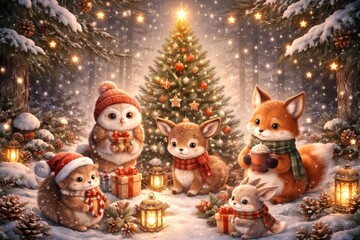 Fototapeta premium Cozy woodland creatures celebrate Christmas.