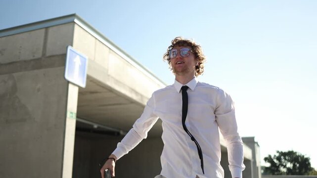 Man walks to work smiling at good news on his smartphone feeling happy and relieved while reading a positive message that brings optimism before a busy working days ahead