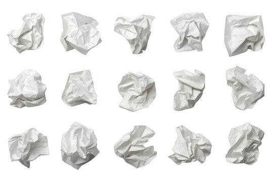Collection of Crumpled White Paper Balls Isolated on Transparent Background