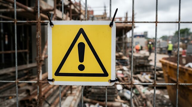 Yellow warning sign on metal fence, construction site safety hazard symbol, industrial work zone caution alert