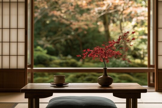 Quiet Japanese tatami room with an open shoji screen, a teacup and a red maple branch in a vase, overlooking a moss garden in autumn
