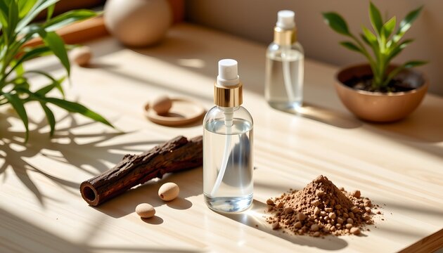 The image features a minimalist arrangement of natural and wellness items on a light wooden surface