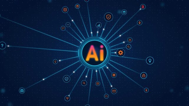 Artificial intelligence hub connecting app icons on blue background