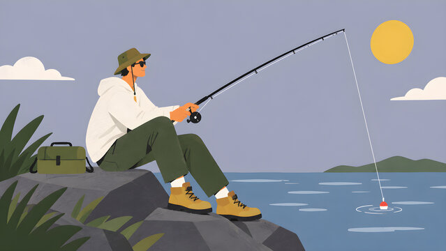 Relaxed Angler Fishing by the Lake in Flat Vector Style