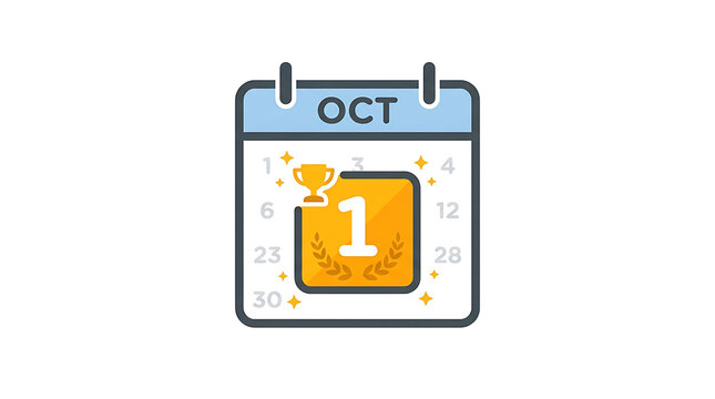 Calendar page showing October 1st with a golden trophy and laurel wreath signifying a top achievement during the month