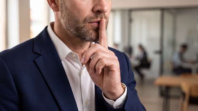 A businessman in a dark suit gestures for silence against a dark professional background.
