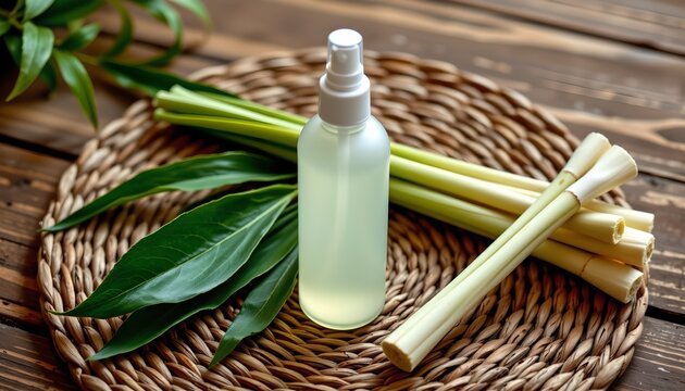 The image features a clear spray bottle filled with a pale liquid, placed on a woven, circular mat