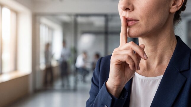 A businesswoman gestures for silence while standing in a modern office environment.