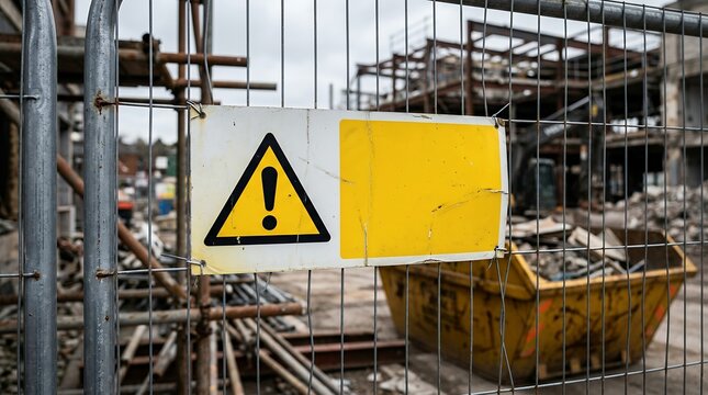 Yellow warning sign on metal security fence, construction site background with industrial skip, hazard alert and safety concept
