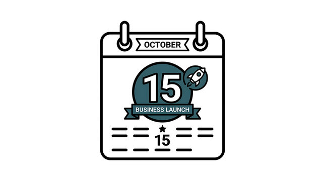 Calendar showing October fifteenth with a rocket icon signaling business launch and a star