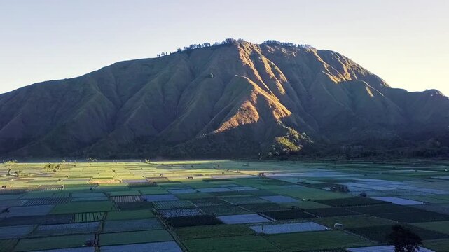 Aerial drone footage of colorful agricultural fields and majestic mountain range at Bukit Pergasingan in Sembalun, Lombok, Indonesia.