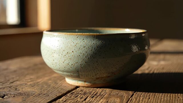 Single handcrafted light blue ceramic bowl with brown speckled glaze sitting on a rustic weathered wooden table illuminated by warm natural sunlight from a window with soft shadows.