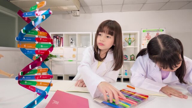 Two Schoolgirls in Lab Coats Studying Genetics Beside DNA Model