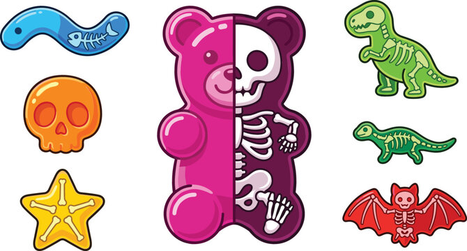 Halloween Gummy Candy Vector Collection Featuring Translucent Jelly Bears Dinosaurs Bats Worms and Skulls Showing Inner Bone Skeletons for Spooky Trick or Treat Graphic Designs
