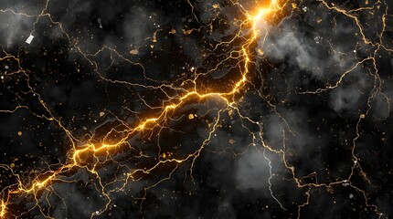 Fototapeta premium Abstract background of black obsidian with glowing golden cracks, lava and lightning texture