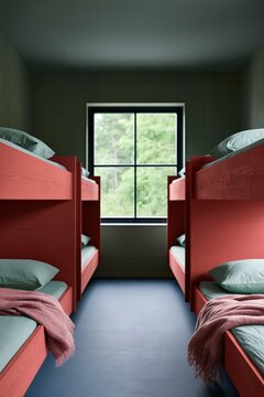 Red bunk cabin dormitory interior with symmetrical beds and window view for hostel background and wallpaper design