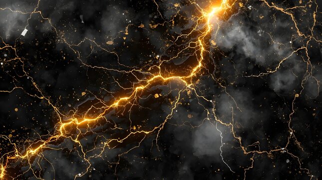 Abstract background of black obsidian with glowing golden cracks, lava and lightning texture