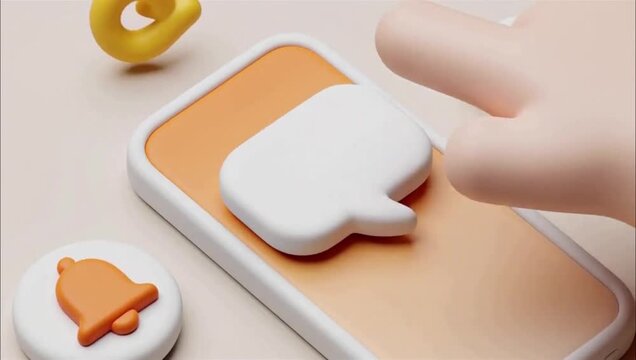 3D illustration of a hand interacting with a mobile phone interface with notification icons.