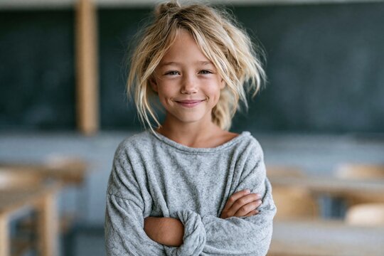 Confident child gray sweater portrait arms crossed classroom background for banner and youth lifestyle design