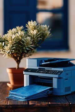 Blue office printer with open tray and folded blue prints on wooden table beside potted shrub for workplace background and banner