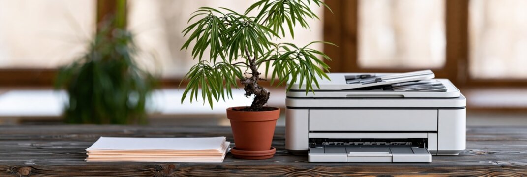 Bonsai style potted plant next to office printer with paper piles on wooden table for workspace background and banner design
