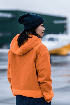 Young woman side profile on rainy airport ramp in an orange hooded jacket and dark beanie near a small plane for travel wallpaper or banner