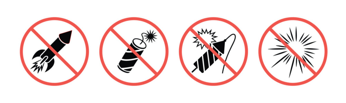 No fireworks prohibition sign, firecracker and rocket ban safety warning icon, flat vector symbol for restricted areas, public safety, and hazard prevention.