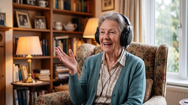 Happy senior woman wearing headphones and smiling while listening to music at home.