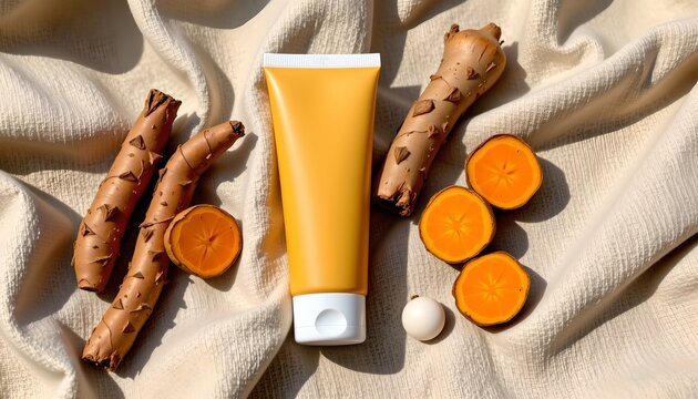 The image features a collection of items arranged on a soft, beige fabric background. At the center is a yellow tube with a white cap, likely a cosmetic or skincare product