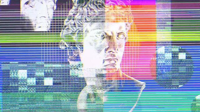 Vaporwave Glitch Art Video Loop Featuring Classical Antique Statue Busts with Dynamic Retro Futuristic Digital Distortion Motion Graphics Visual Effect for Background Overlay