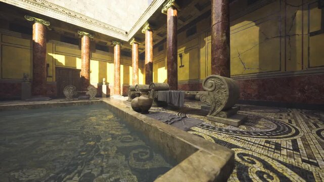 Sunlit Roman atrium with mosaic floor, central impluvium, marble columns, warm golden light, intricate tesserae patterns, quiet historic atmosphere, ideal