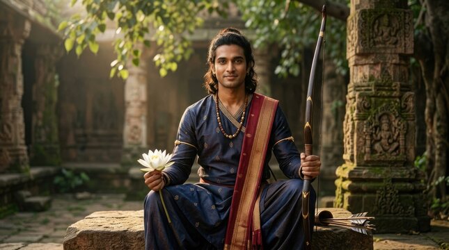 Divine prince avatar: Lord Rama, hold bow, white lotus, sit stone, ancient temple, serene smile, sacred advent, epic hero, royal warrior, dharmic leader, forest exile.
