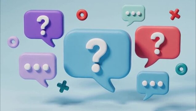 3D render of colorful speech bubbles with question marks and symbols on a light blue background.