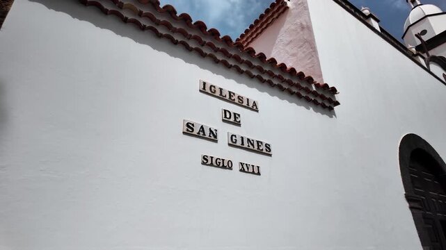 Slow motion close-up of Iglesia de San Gines church facade, Arrecife, Lanzarote