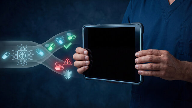 AI medication safety and drug interaction screening concept, doctor holding blank tablet with pill hologram showing safe checkmark and warning alert for pharmacy healthcare