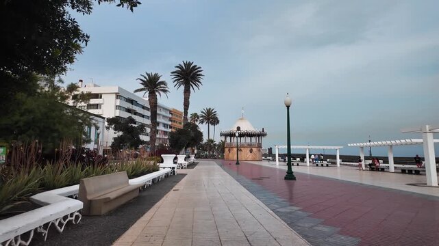 Slow motion push-in on Arrecife pedestrian promenade, Lanzarote, Canary Islands