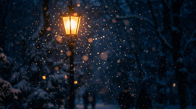 A glowing vintage streetlamp illuminating falling snow on a dark winter night in a park