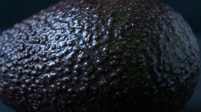 Macro closeup of ripe Hass avocado skin showing rough pebbled texture and dark green purple peel surface